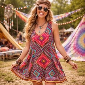 Nwt APRICOT Multicolor Geometric Mini Dress | Boho Tribal Print Sleeveless